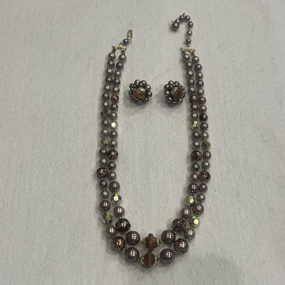Vintage Purple Pearl Necklace Clip On Earring Set Double Strand Pearl Japan